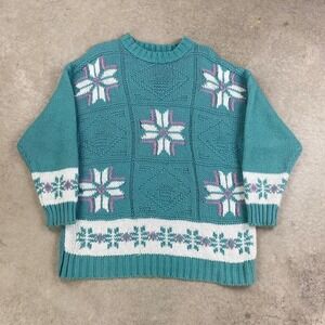 Vintage 90s Cynthia J Sweater Size XXL Blue Pull Over Snow Flake Knitted Boho